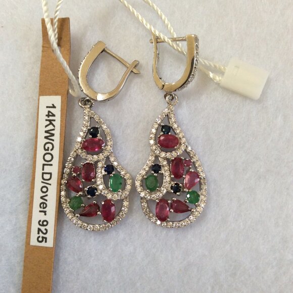 NWT 14k WHITE GOLD Ruby Emerald Sapphire Earrings MSRP $450 - Picture 4 of 5